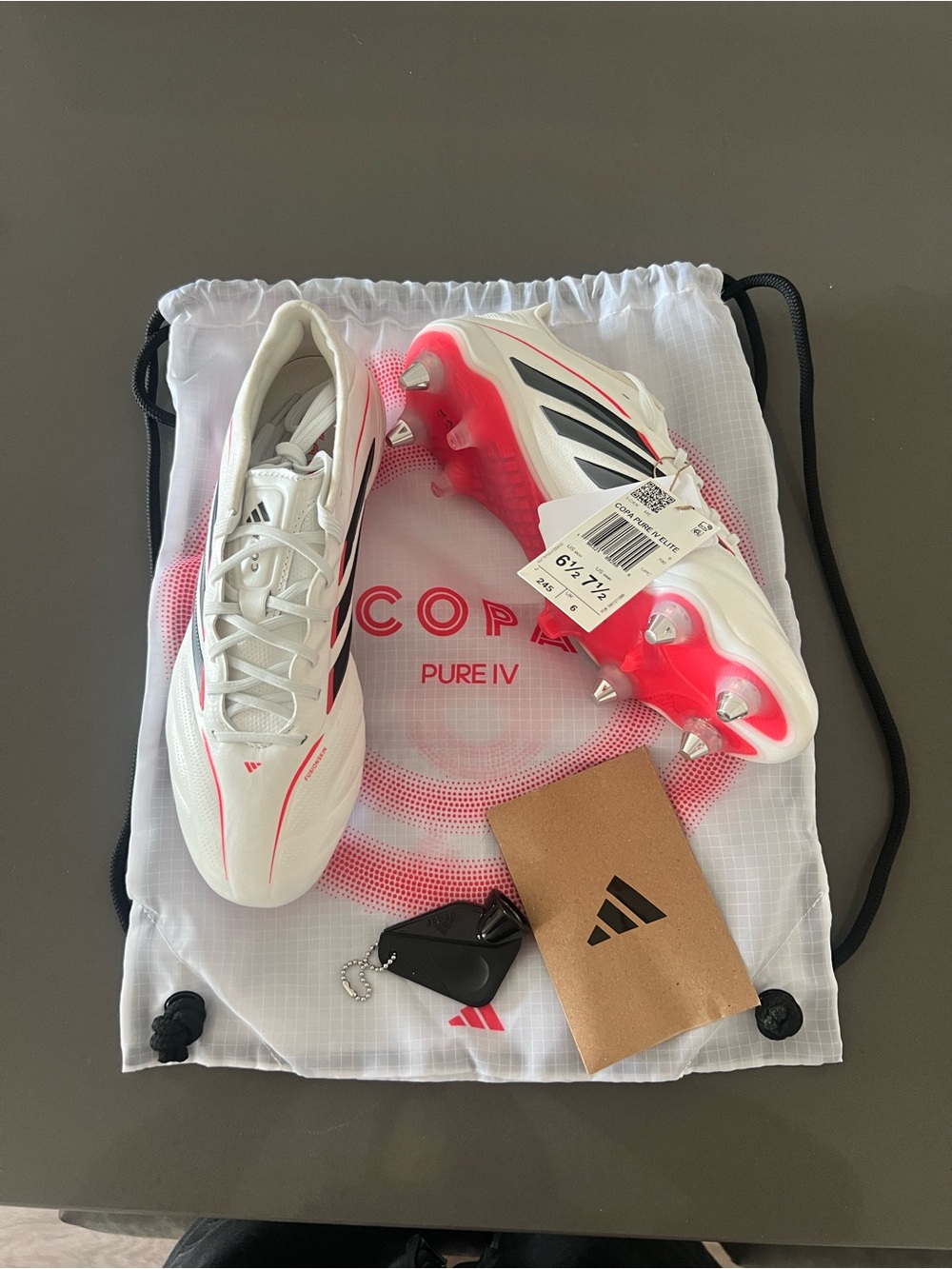 adidas Copa Pure IV White with red Accents metal stud Soccer Cleats